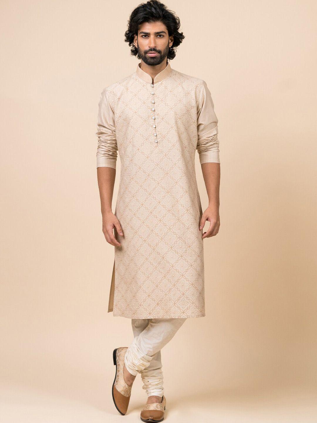 tasva men beige ethnic motifs printed kurta with churidar