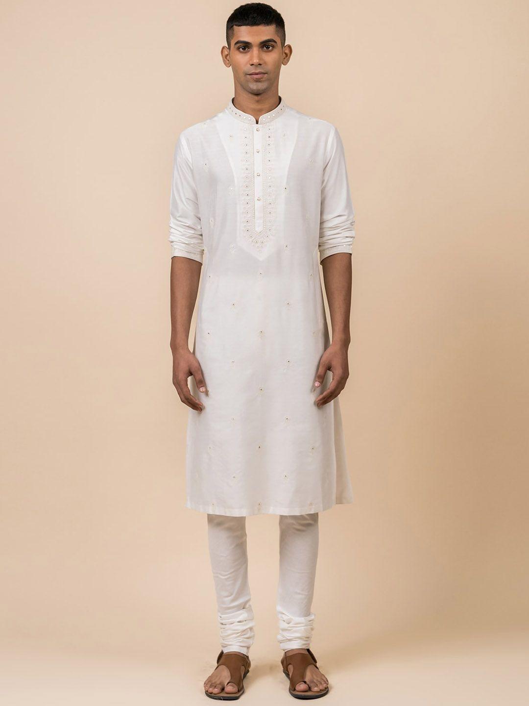 tasva men white floral embroidered mirror work kurta with churidar