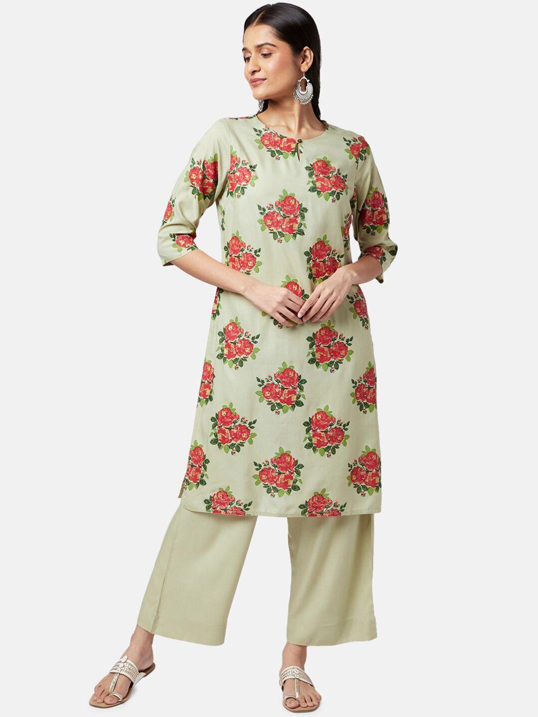 rangmanch by pantaloons women green printed kurta with trousers