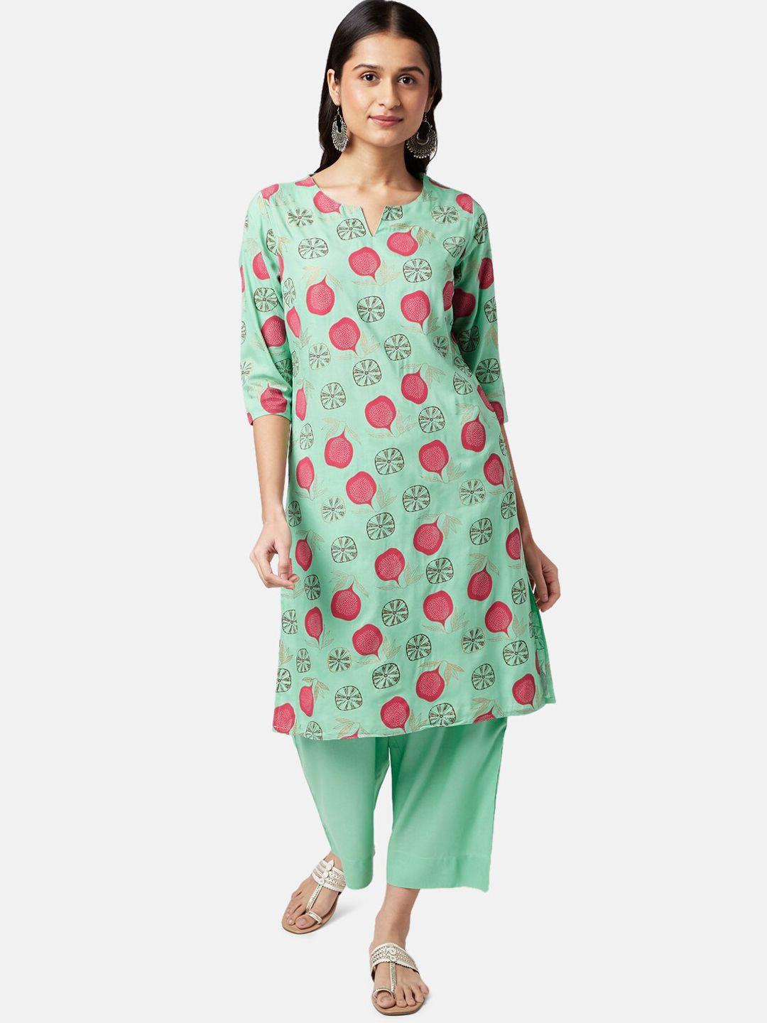 rangmanch by pantaloons women green printed kurta with trousers