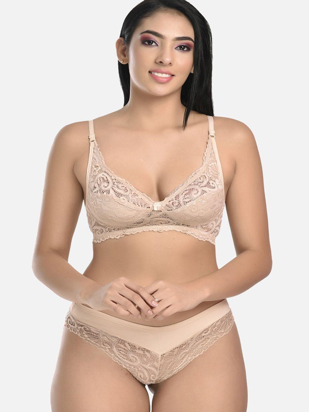 styfun women beige self-design laced lingerie set