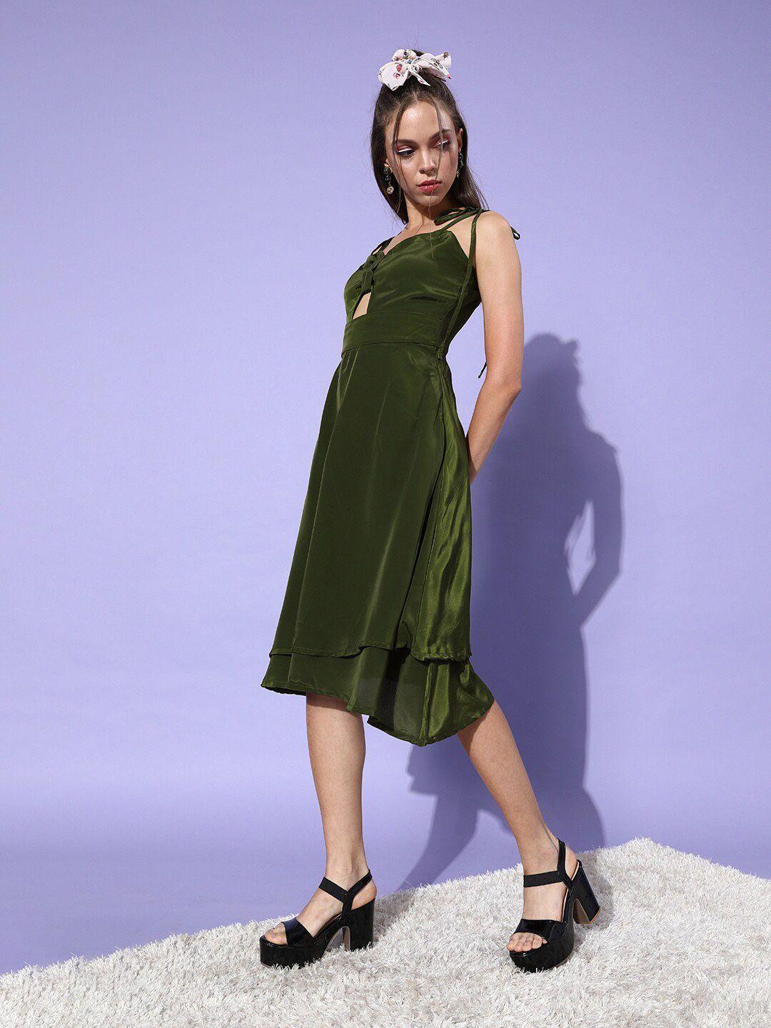 dodo & moa green solid crepe midi dress