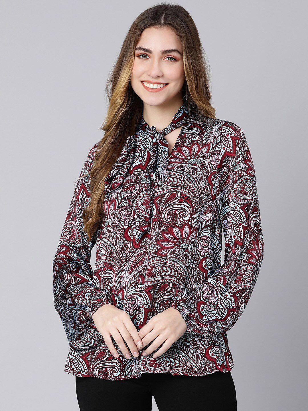 oxolloxo women maroon & black print tie-up neck shirt style top