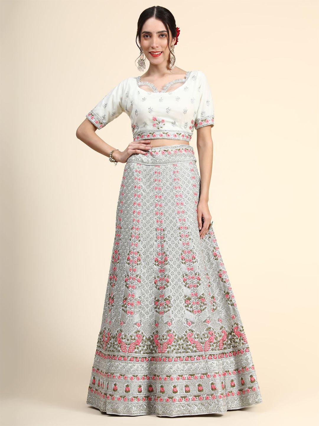 phenav white & pink embroidered thread work ready to wear lehenga & blouse with dupatta