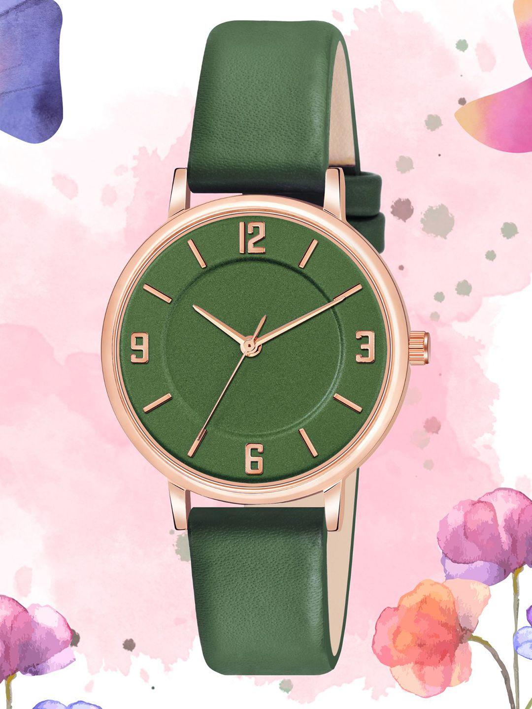 shocknshop women green dial & green leather straps analogue watch mt393-green