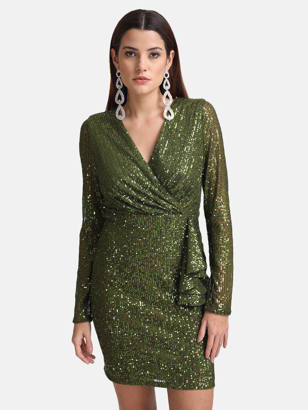 kazo women olive green embellished mini dress