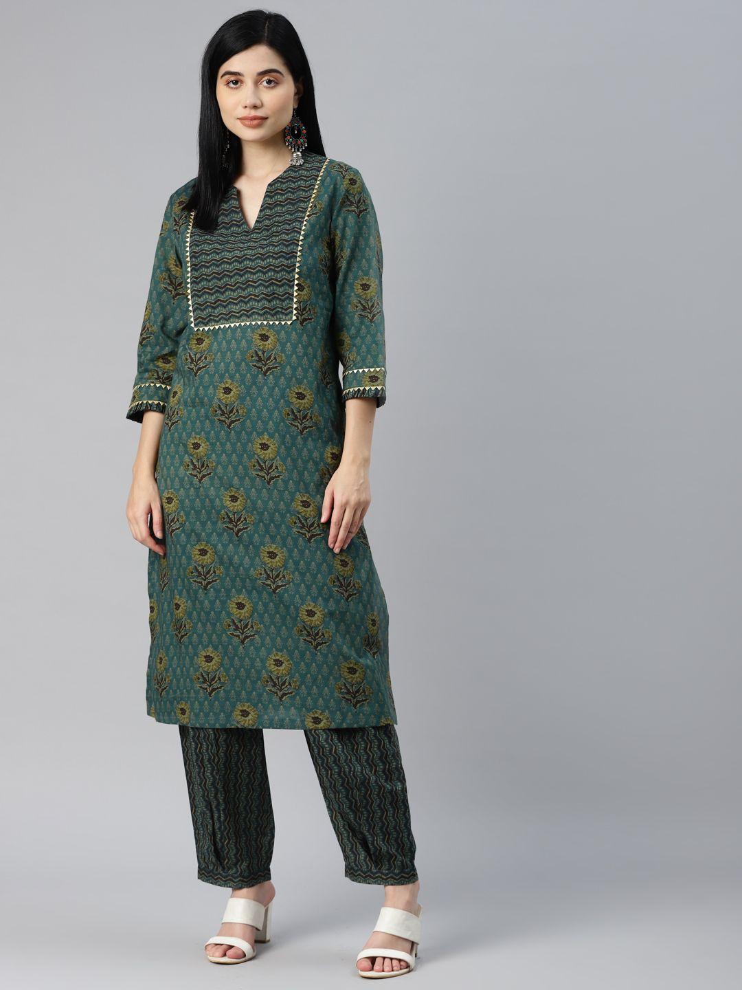 yellow parrot women teal green ethnic motifs printed pure cotton kurta with trousers