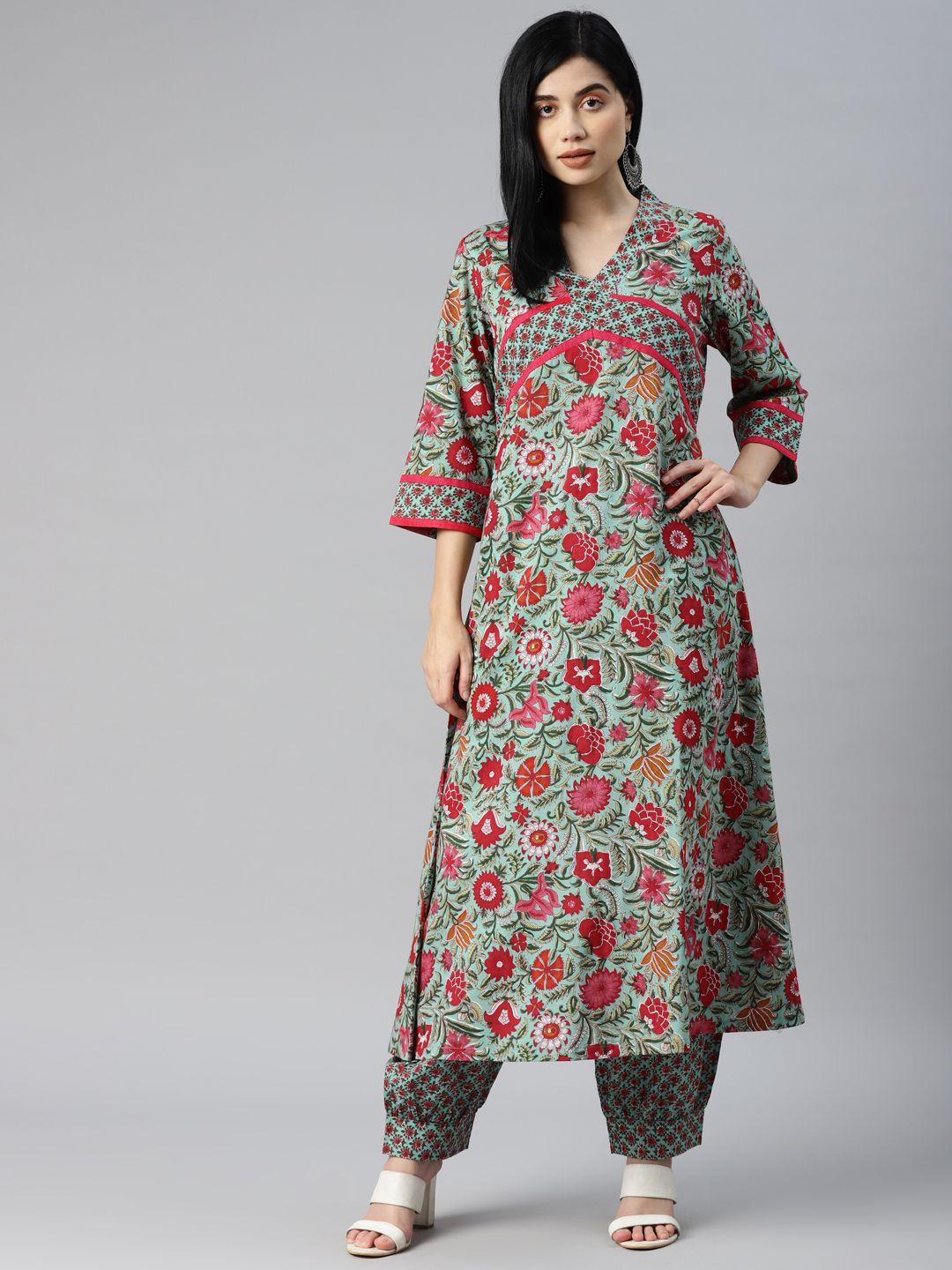 yellow parrot women sea green & red ethnic motifs printed pure cotton kurta with salwar