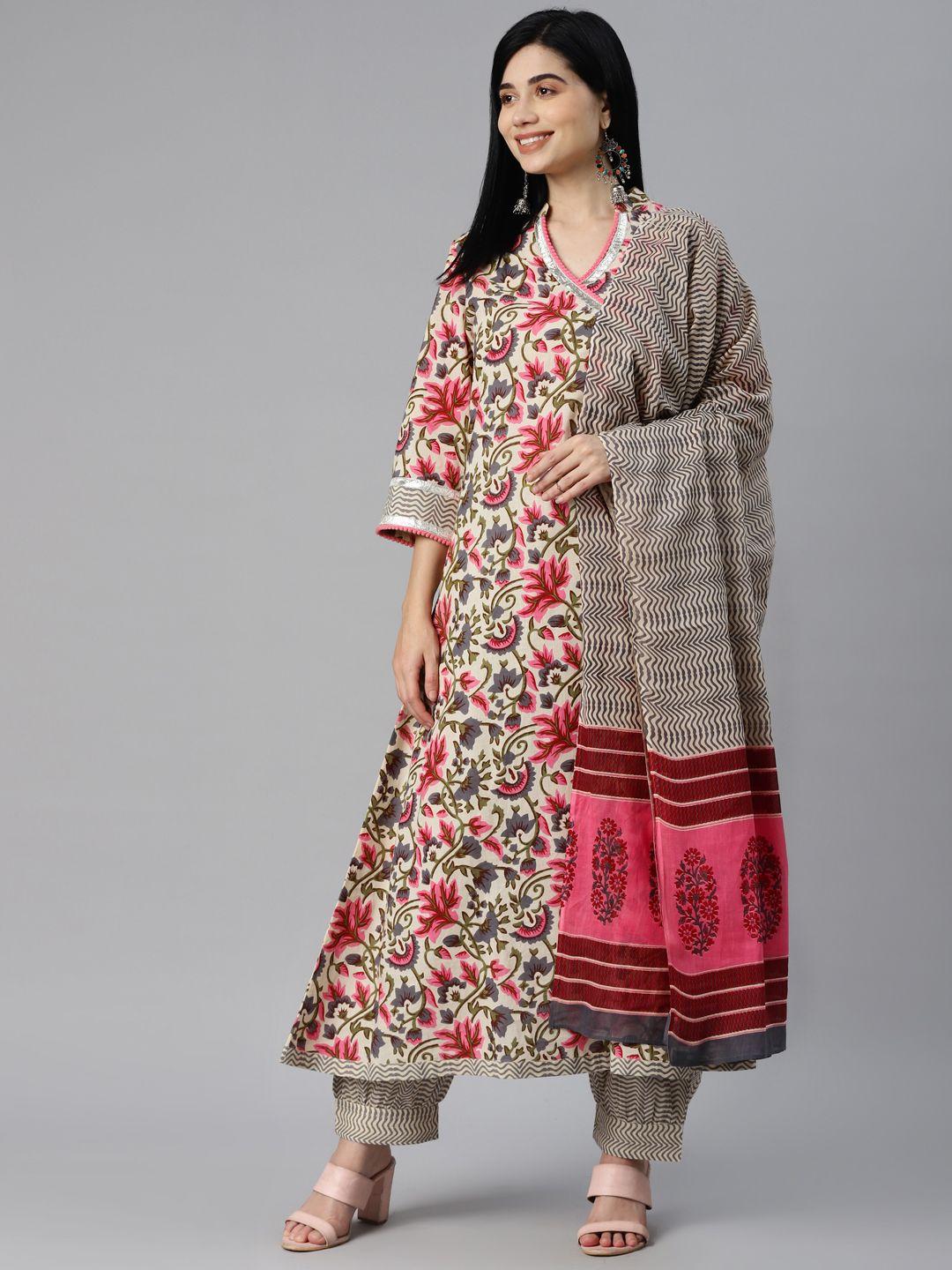 yellow parrot women cream-coloured printed angrakha cotton kurta with salwar & dupatta