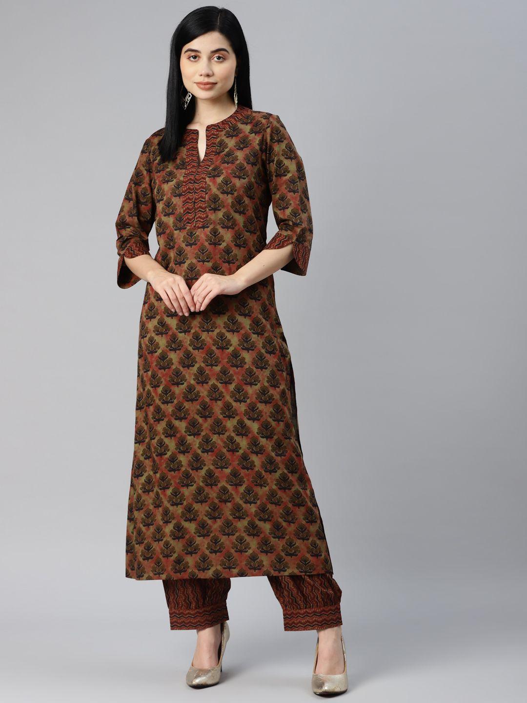 yellow parrot women mustard brown & maroon printed pure cotton kurta with trousers