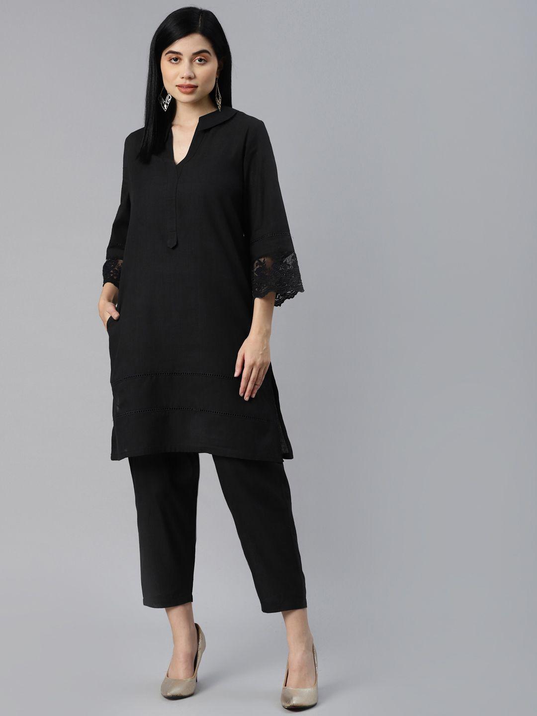 yellow parrot women black solid pure cotton kurta with trousers