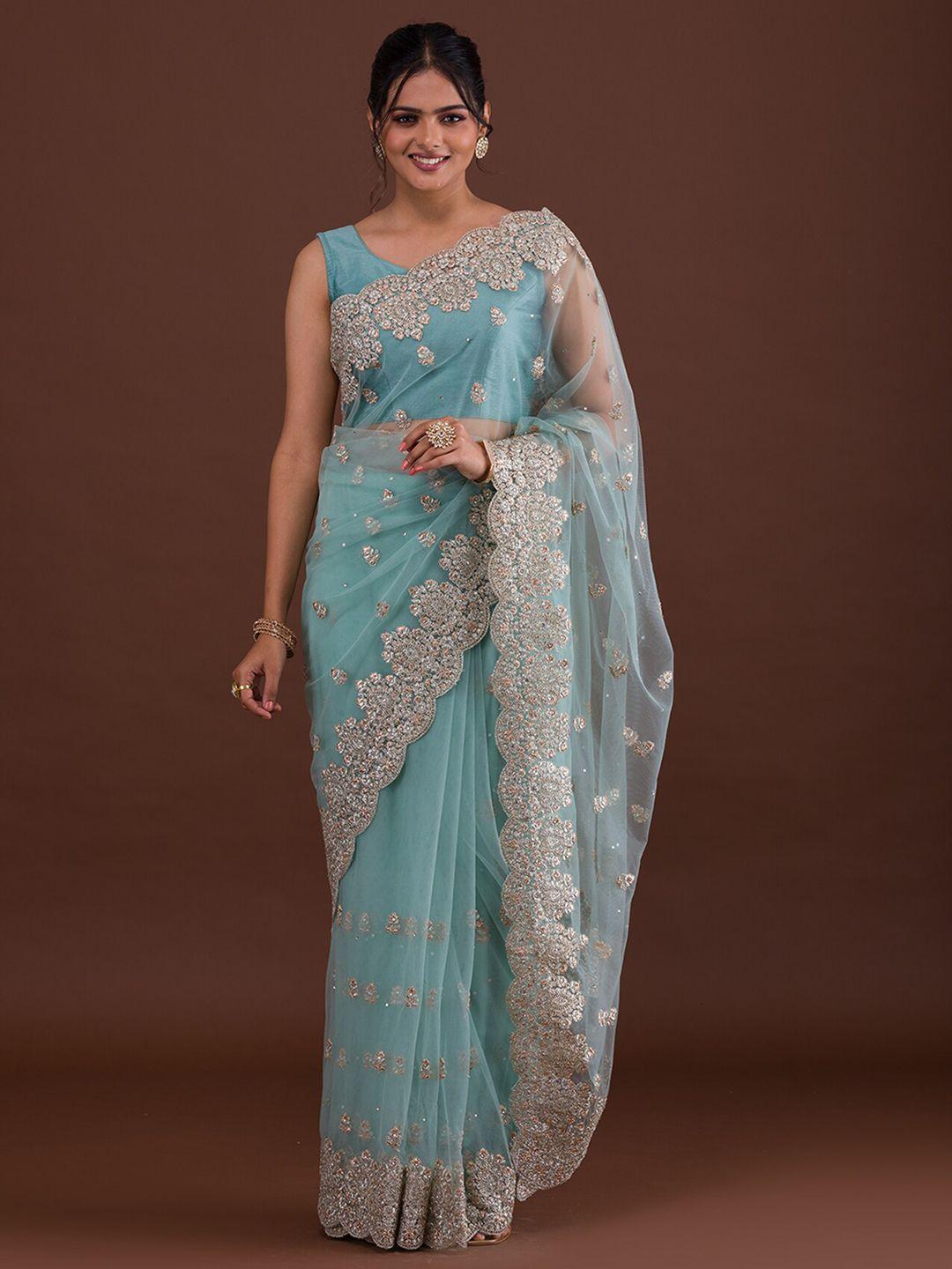 koskii green & silver-toned floral embroidered supernet saree