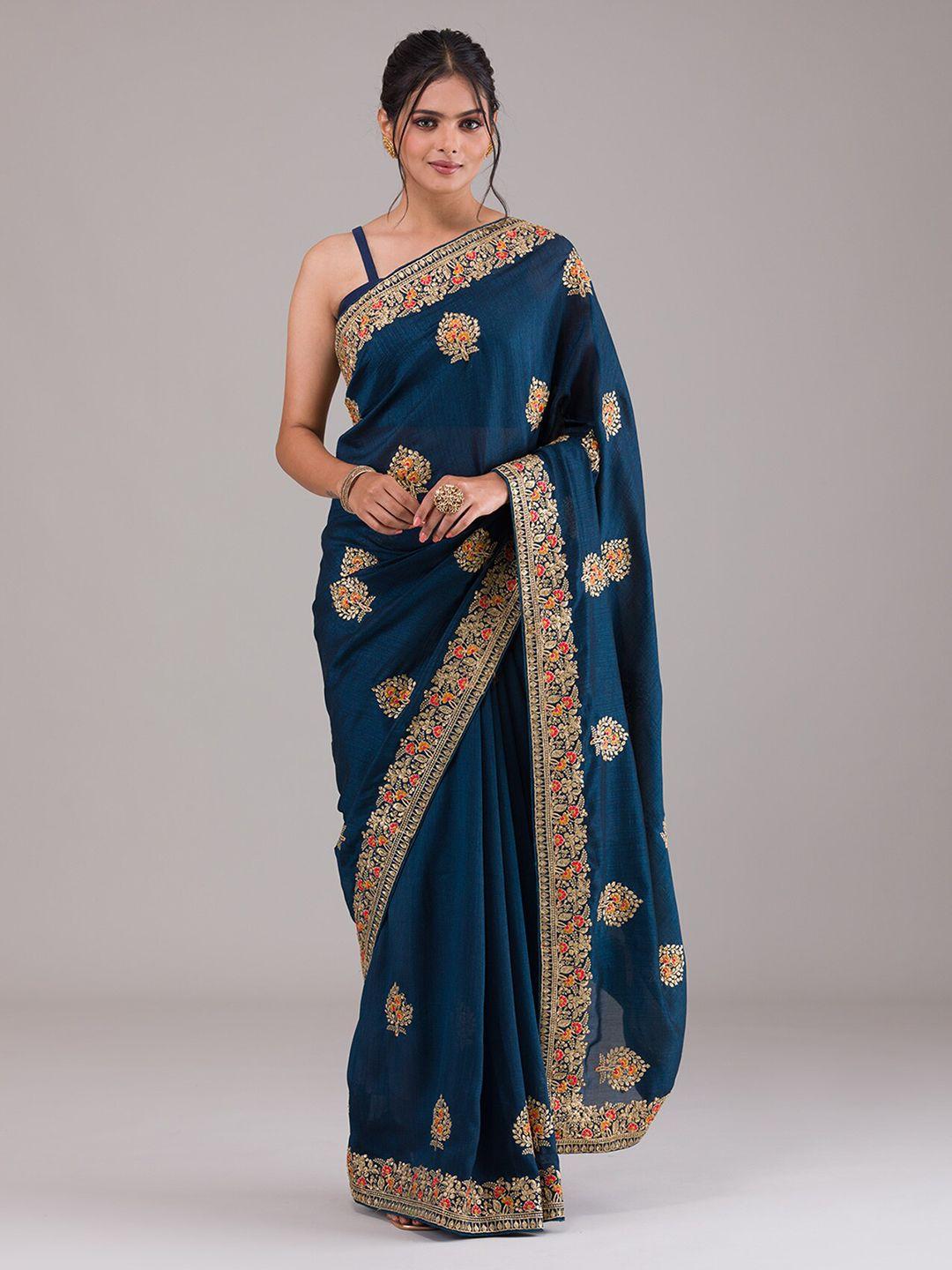 koskii blue & gold-toned ethnic motifs beads and stones art silk saree