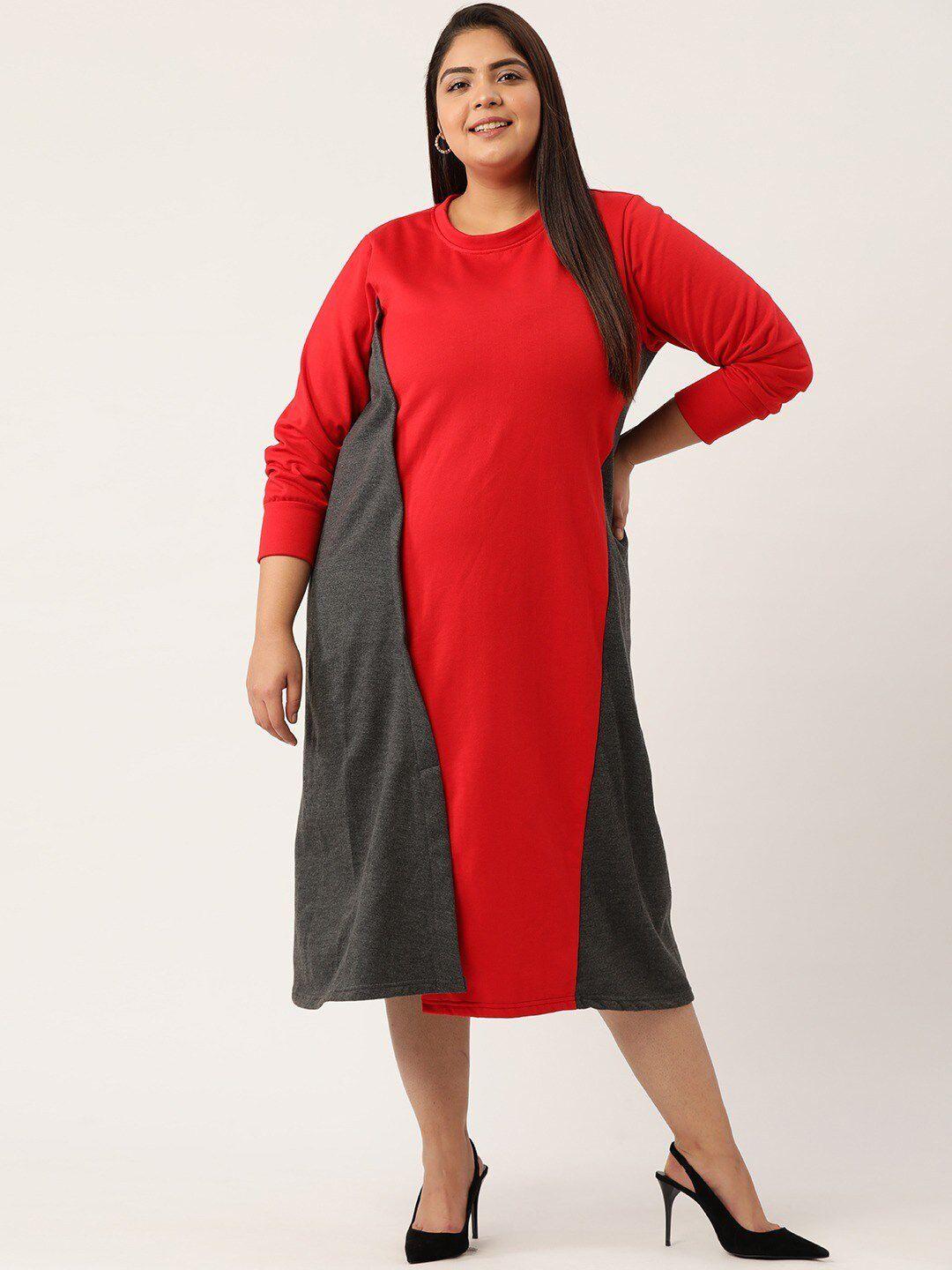 therebelinme red plus size colourblocked a-line midi dress