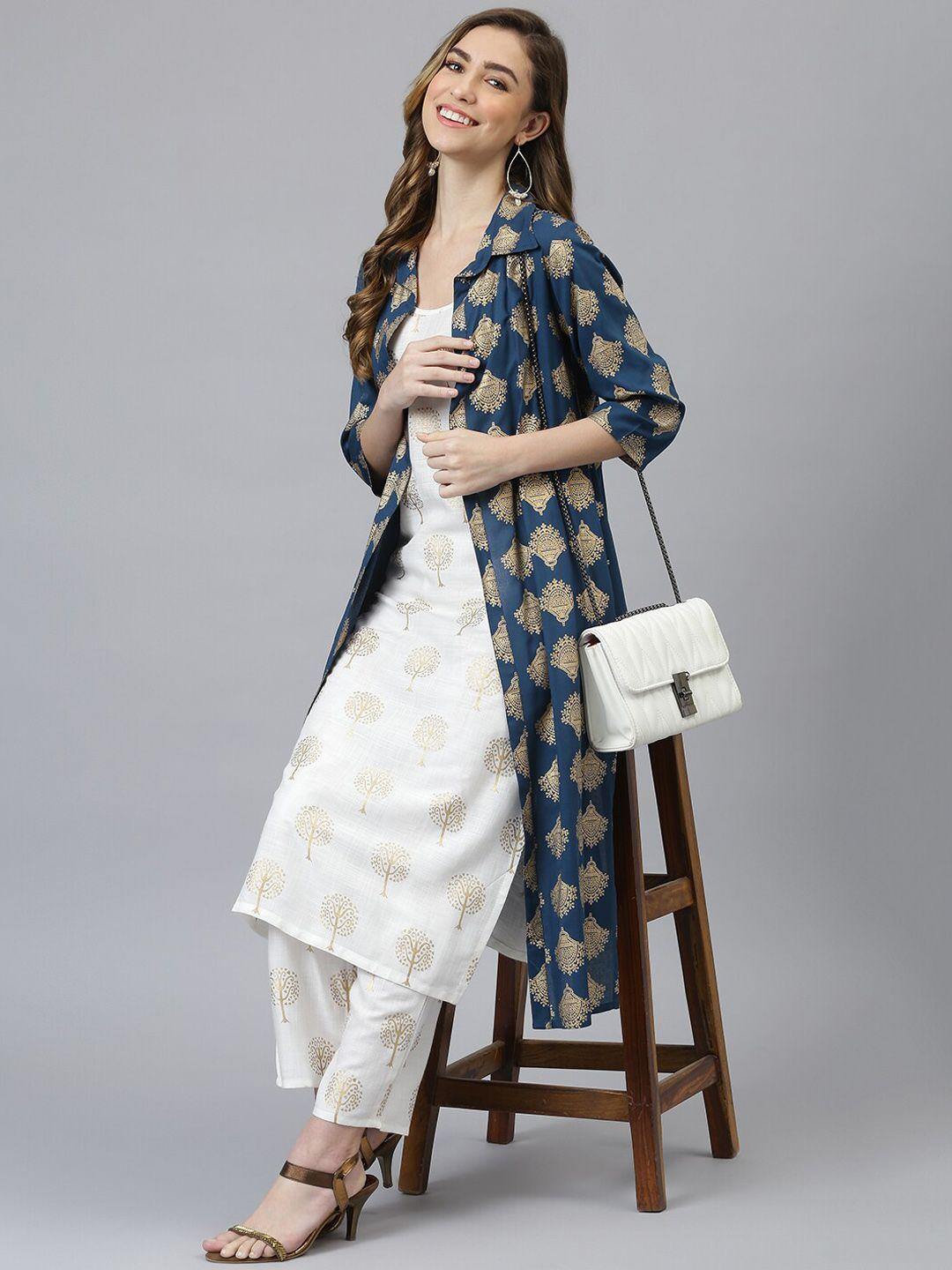 khushal k women blue ethnic motifs printed kurta & palazzos with jacket