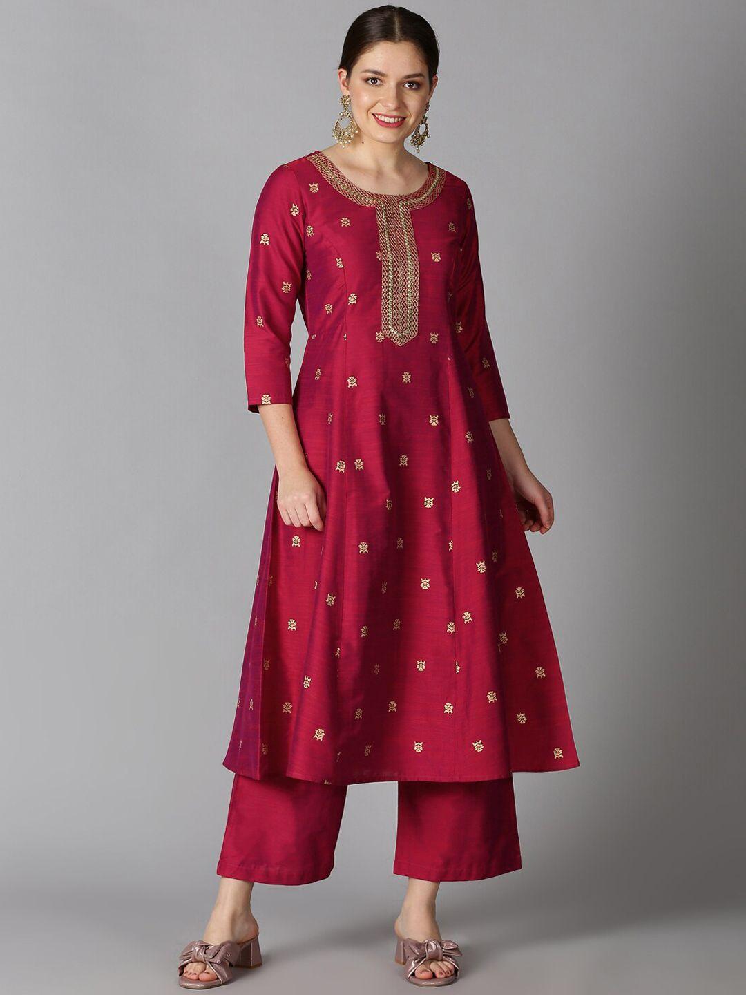 saffron threads women magenta art silk gold printed kurta with palazzos