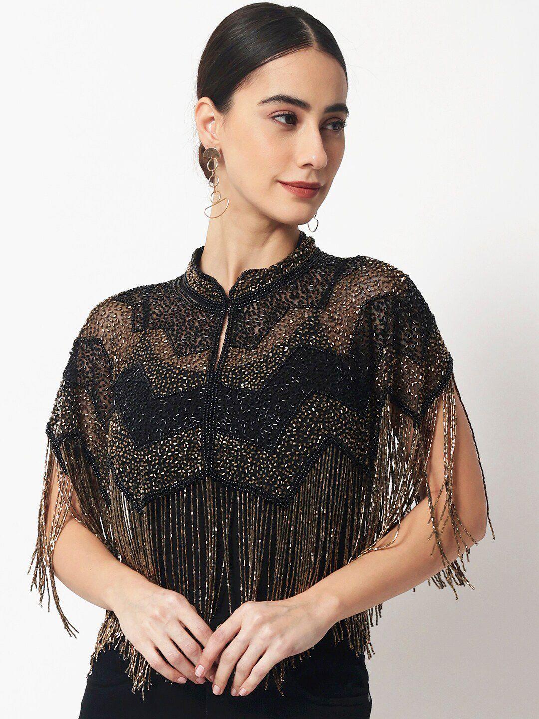 le bourgeois women black & gold-toned party embellished crop shrug