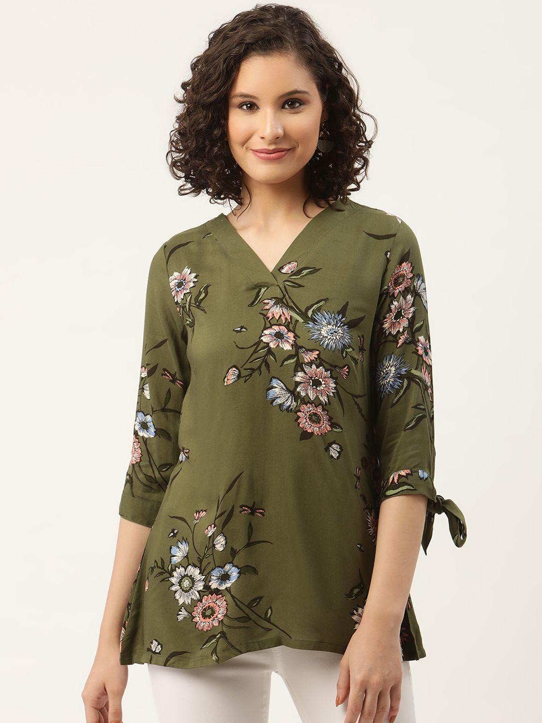 zizo by namrata bajaj women olive green & blue floral print top