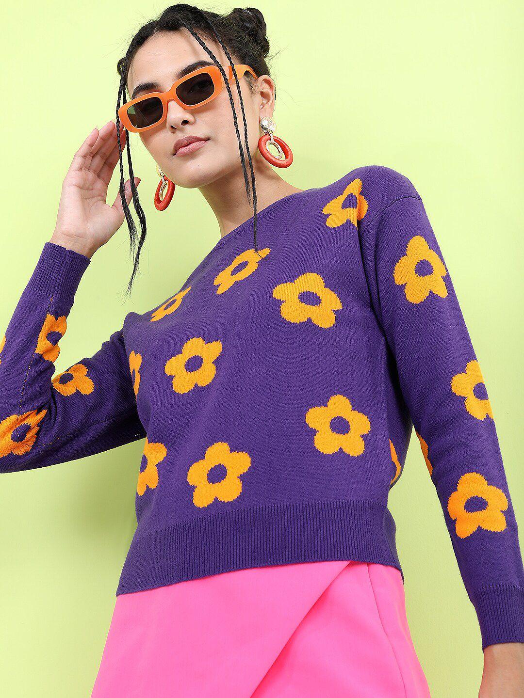 tokyo talkies women purple & yellow floral jacquard pullover sweater