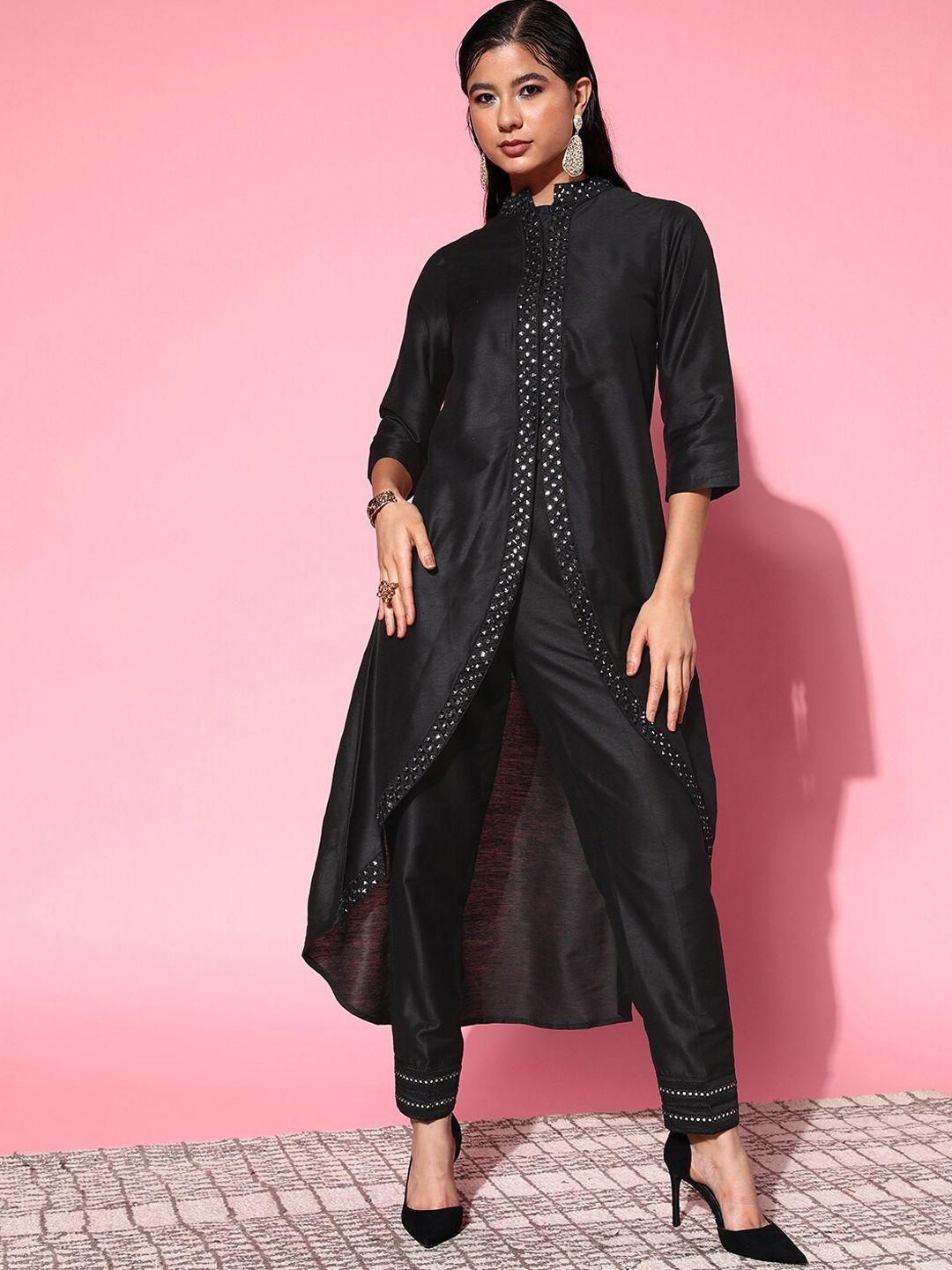 shae by sassafras women black solid mirror work a-line kurta