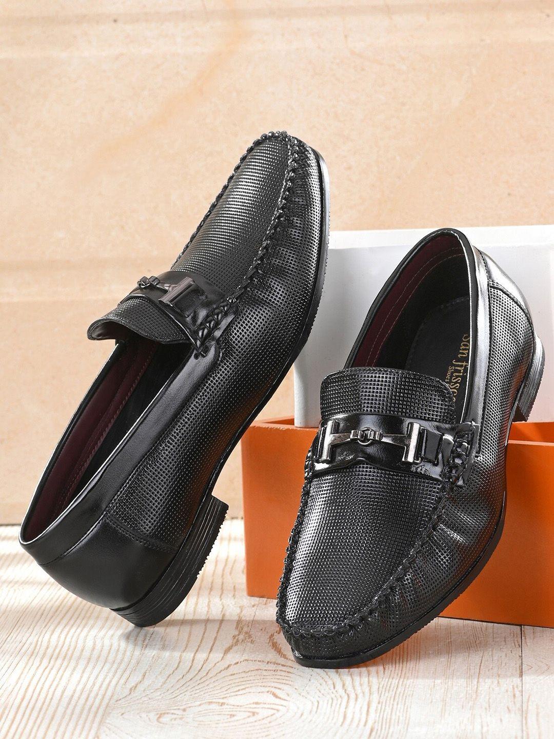 san frissco men black solid leather formal loafers