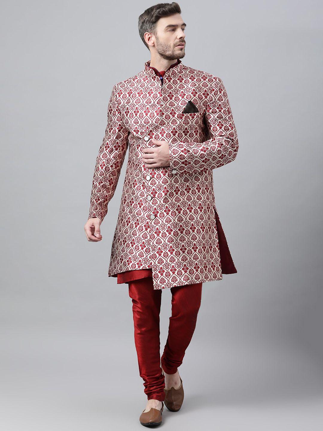 hangup men maroon woven-design sherwani set