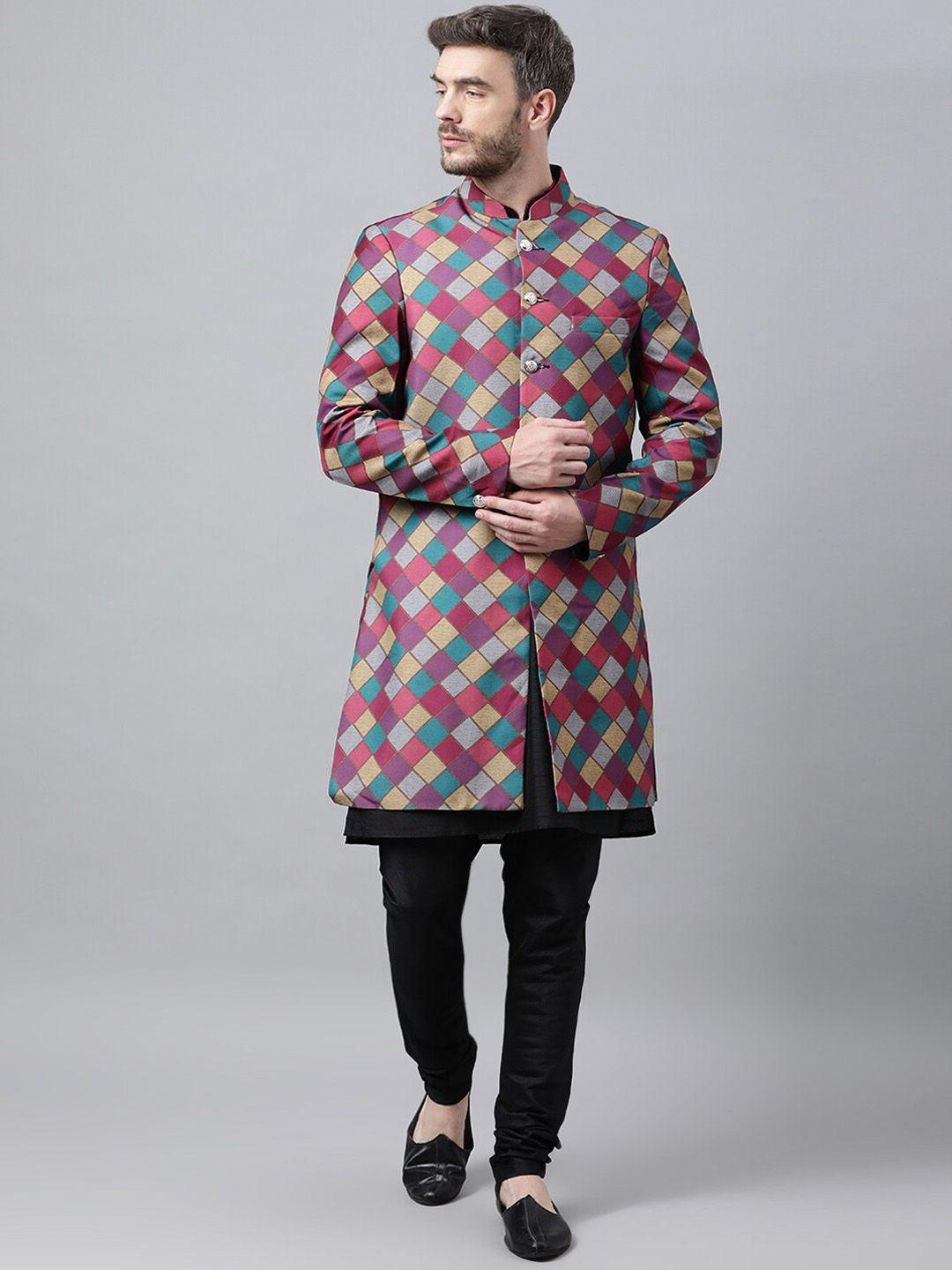 hangup men pink & black printed sherwani set