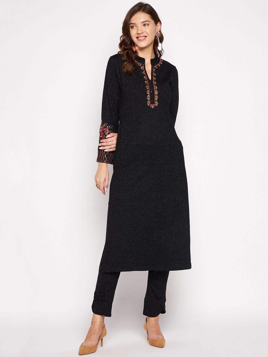 zigo women black embroidered kurta with trousers