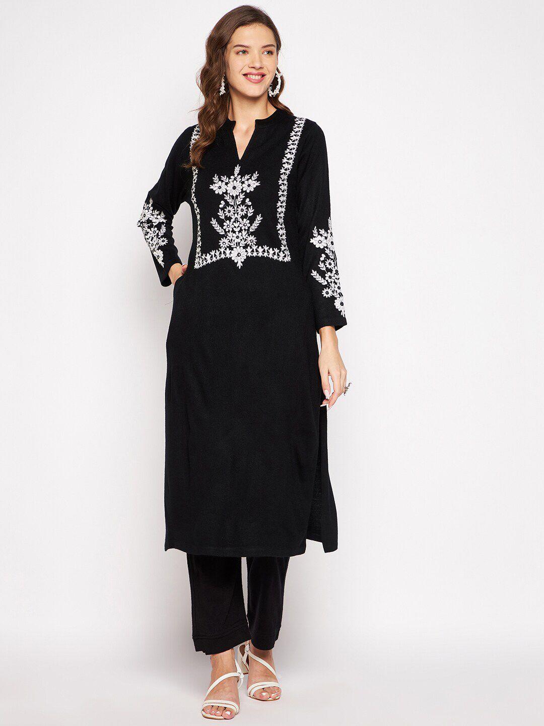 zigo women black & white floral embroidered thread work kurta with trouser