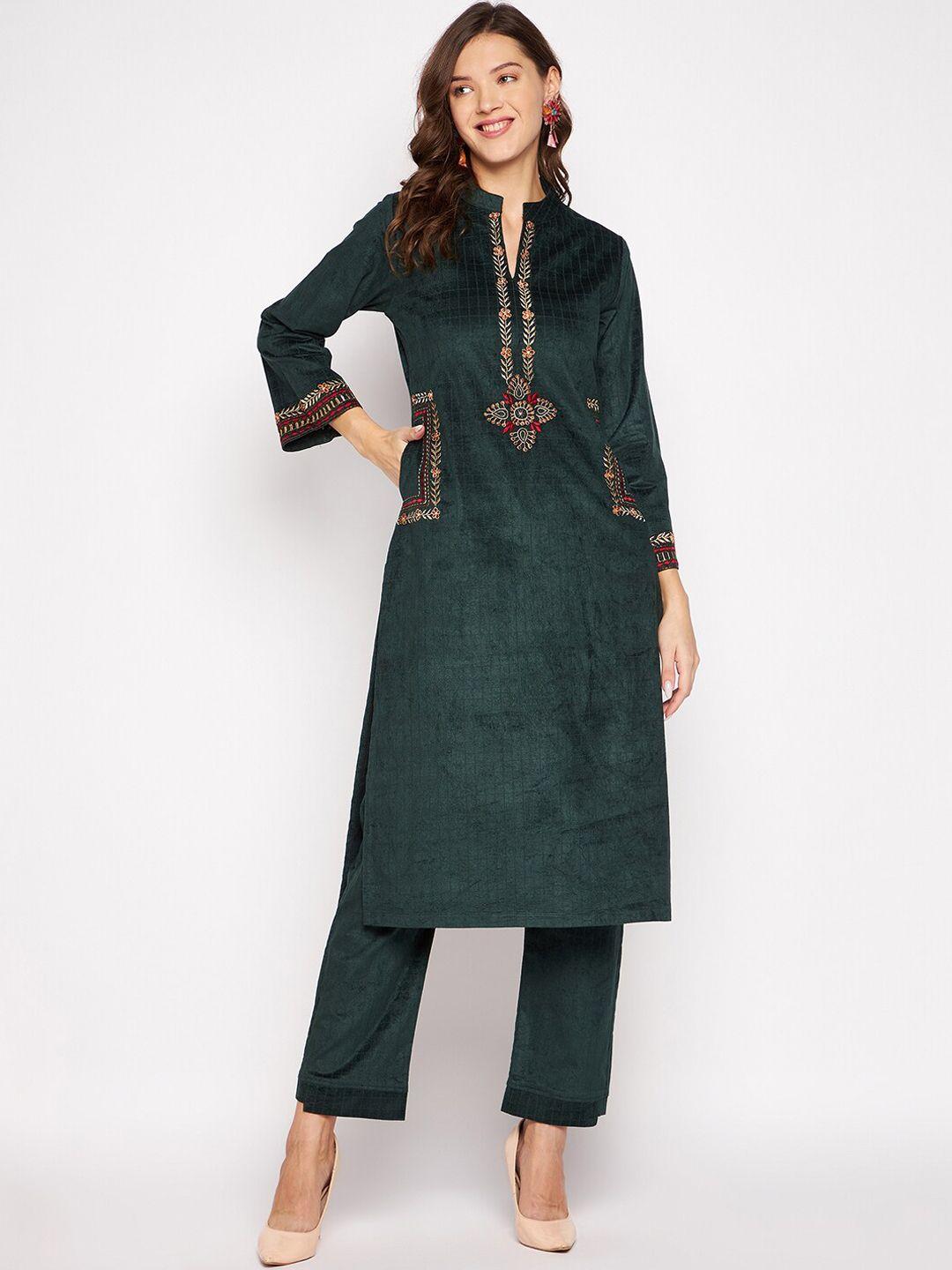 zigo women dark green floral embroidered thread work velvet kurta with palazzo