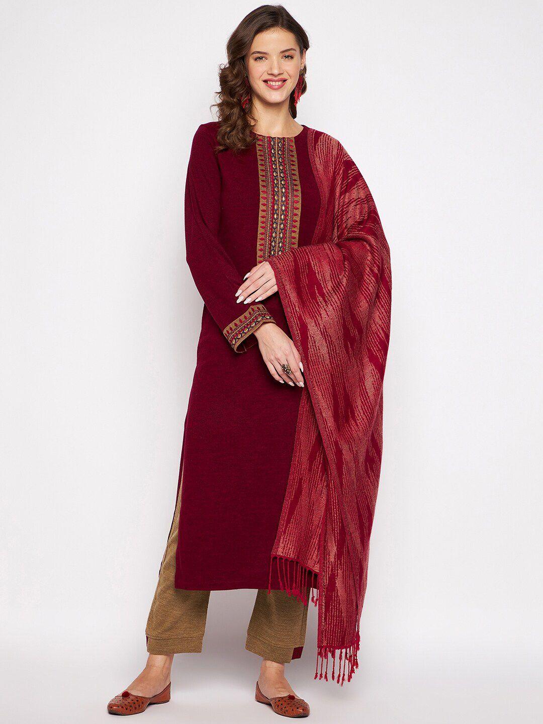 zigo women maroon & brown ethnic motifs embroidered kurta with trousers & dupatta