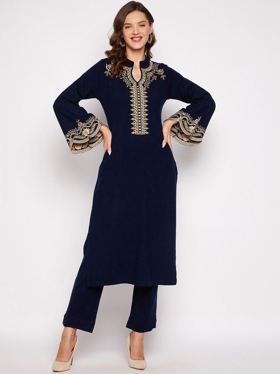 zigo women navy blue & gold ethnic motifs embroidered kurta with trouser