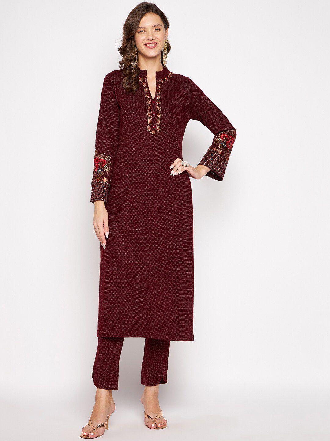 zigo women maroon ethnic motifs embroidered kurta with trouser