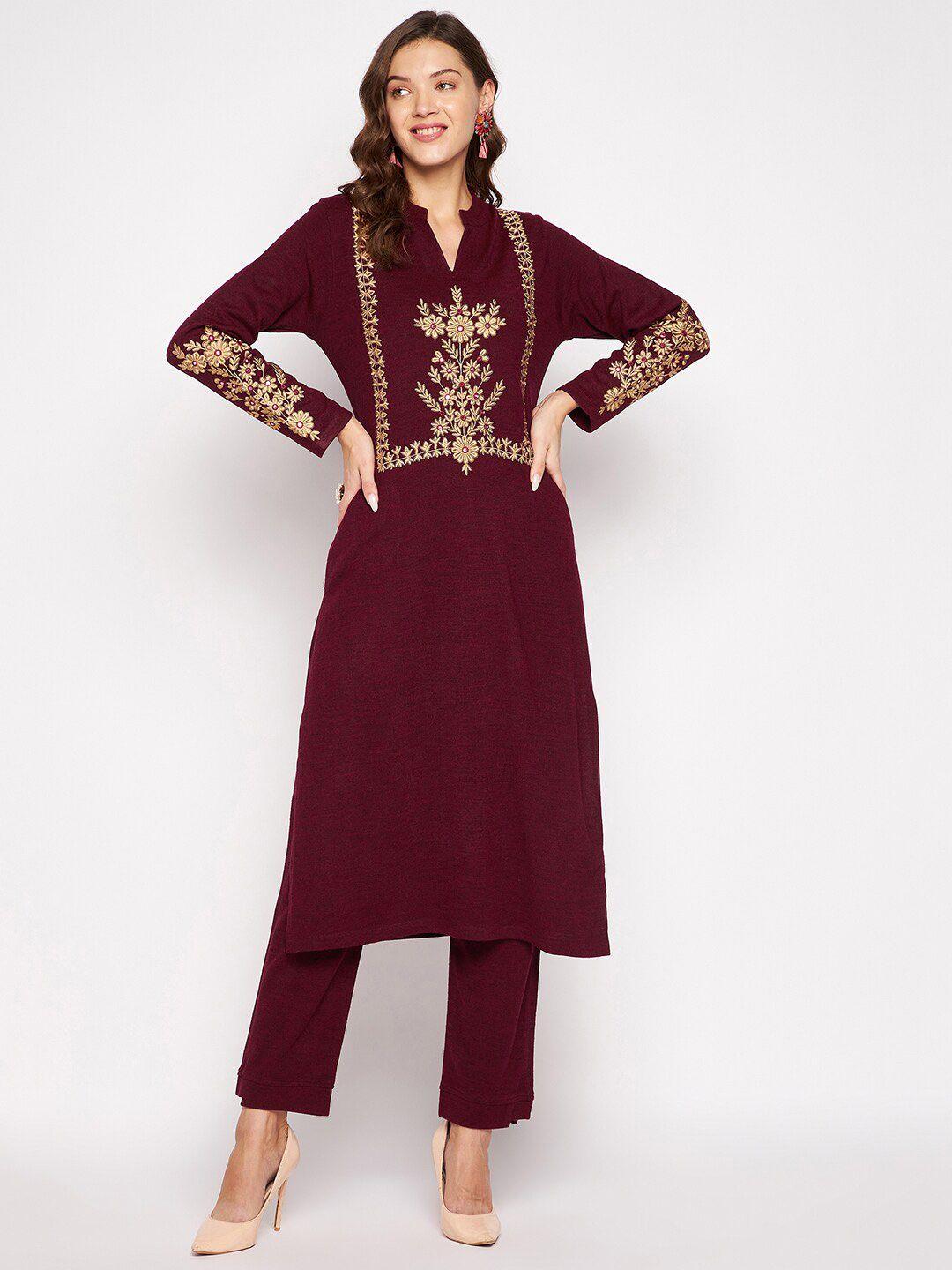 zigo women maroon & gold ethnic motifs embroidered thread work kurta with trouser