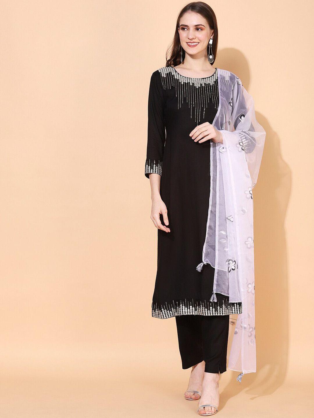 fashor women black ethnic motifs embroidered mirror work kurta with trousers & with dupatta