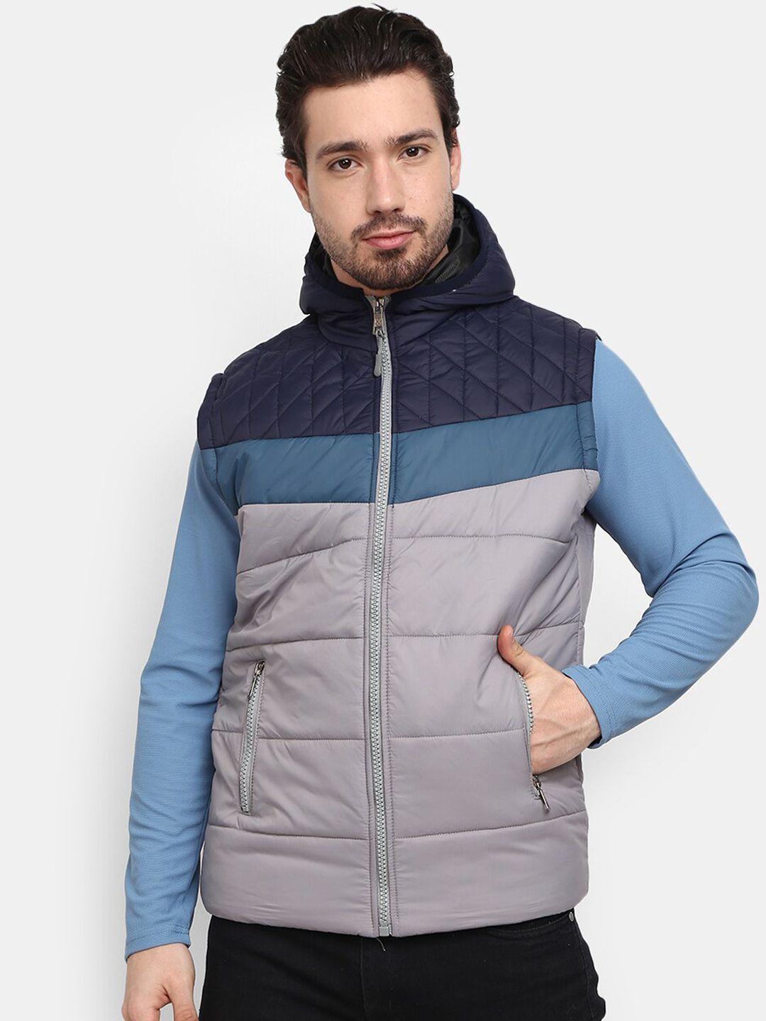 v-mart men grey navy blue colourblocked outdoor padded jacket