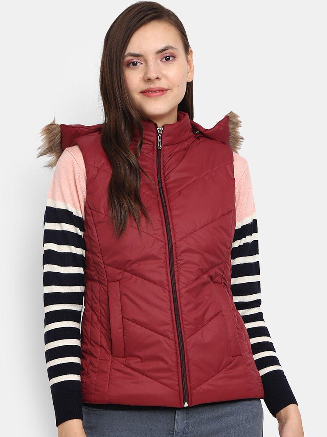 v-mart women marron faux fur trim padded jacket