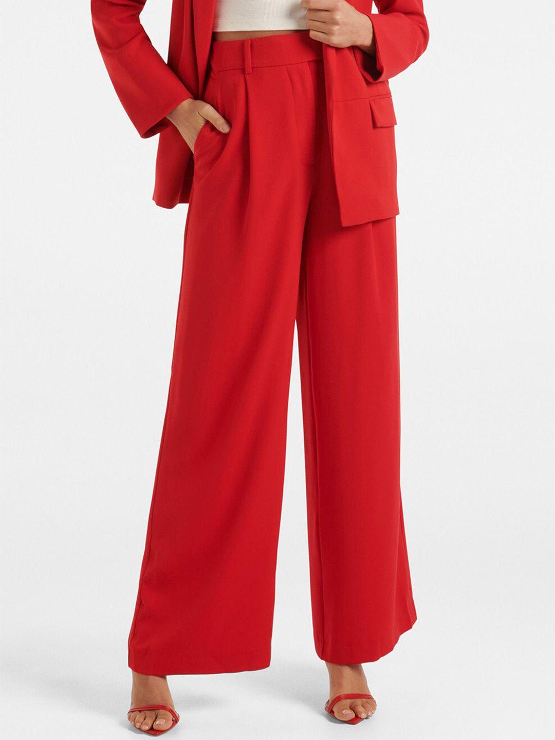 forever new women red straight fit high-rise pleated trousers