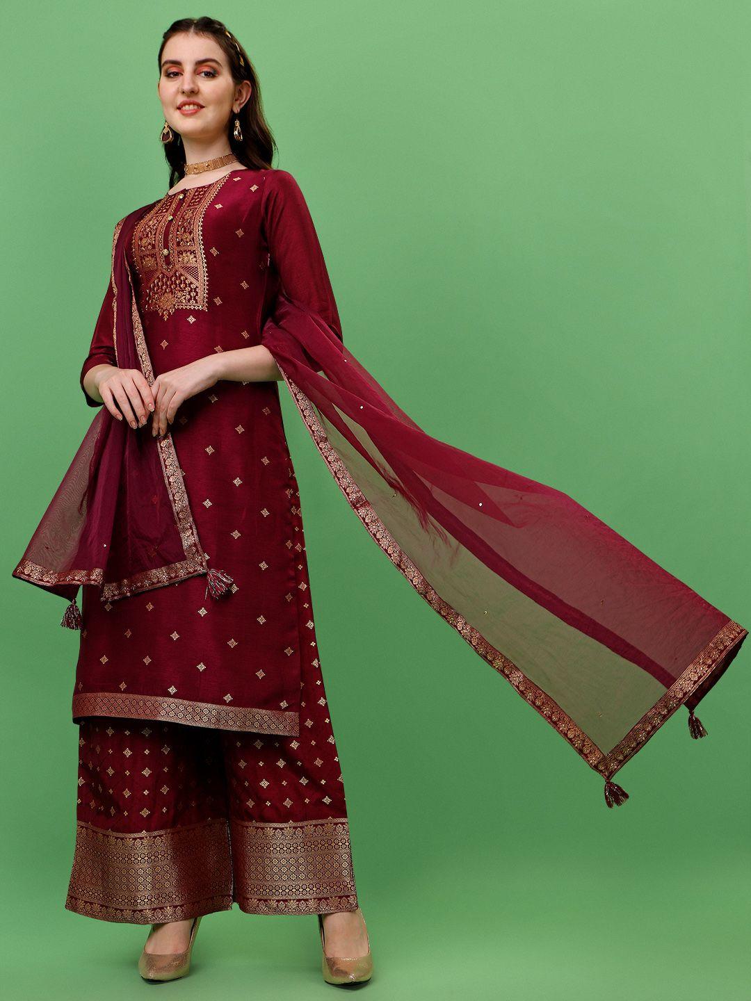 seerat women maroon floral printed pure silk kurta with palazzos & with dupatta