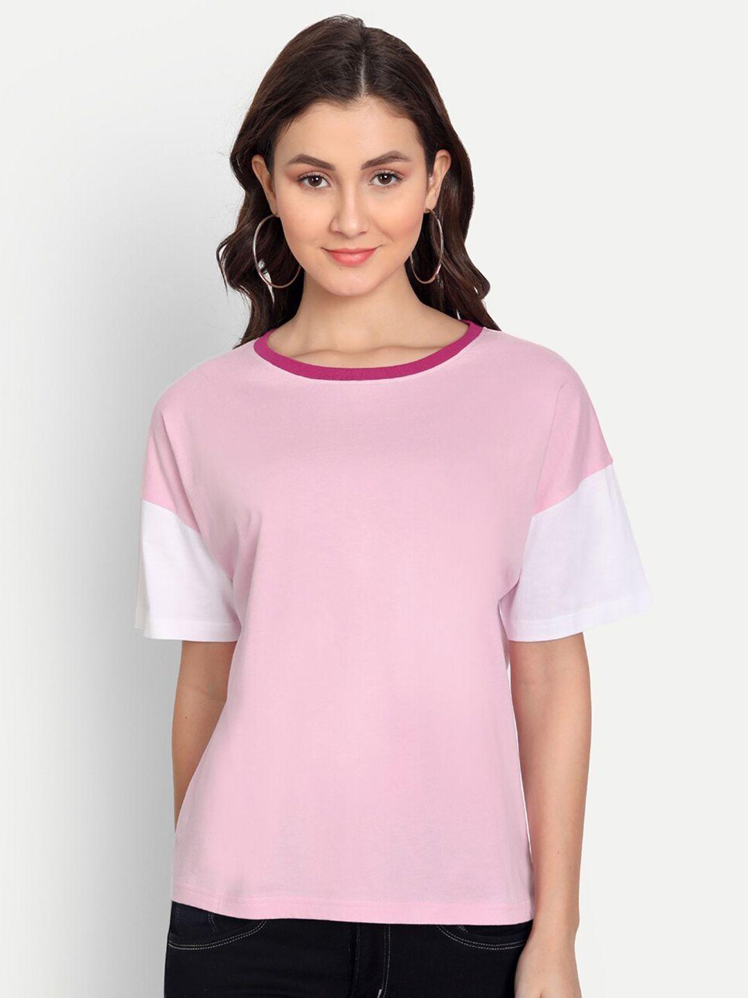 iki chic women pink colourblocked cotton t-shirt