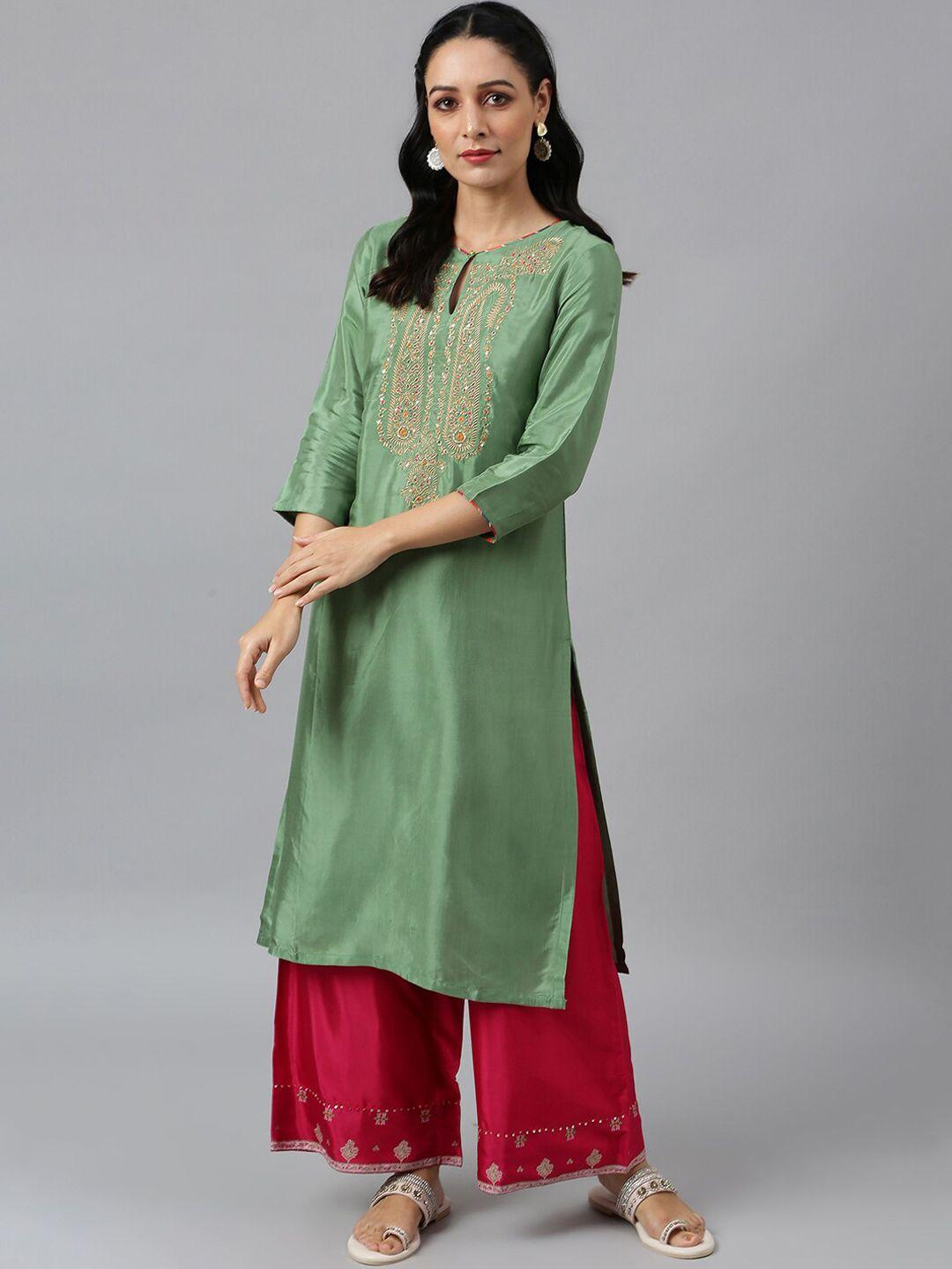 w women green floral embroidered kurta with trousers