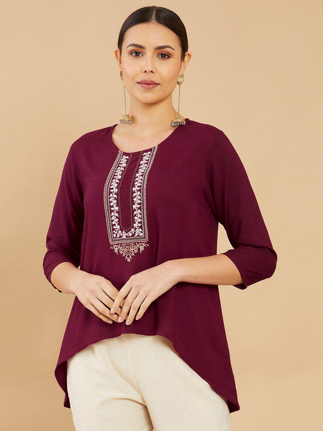 soch maroon & white viscose rayon embroidered tunic