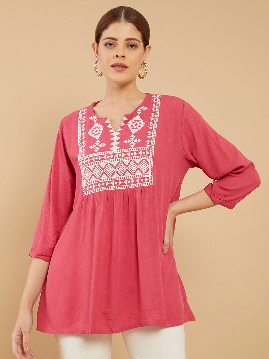 soch pink & white viscose rayon embroidered tunic