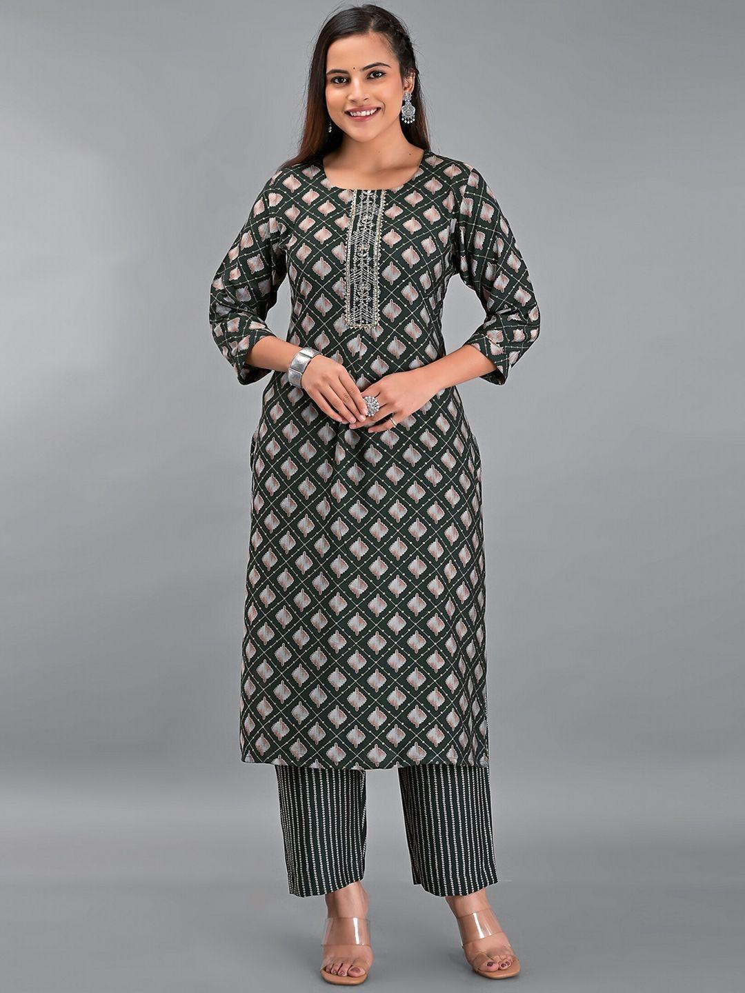 etnicawear women green printed gotta patti pure cotton kurta with trousers & dupatta