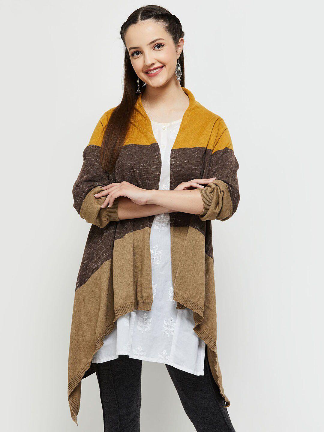 max women beige & brown colourblocked shrug