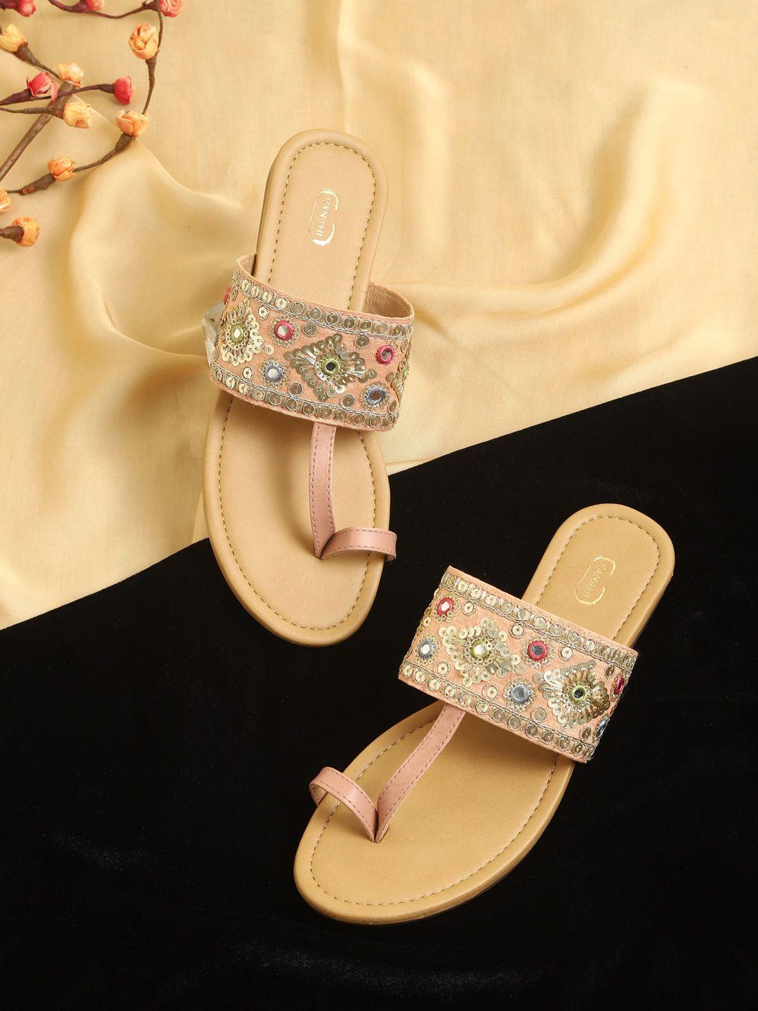 panahi women peach-coloured embellished ethnic one toe flats with tassels