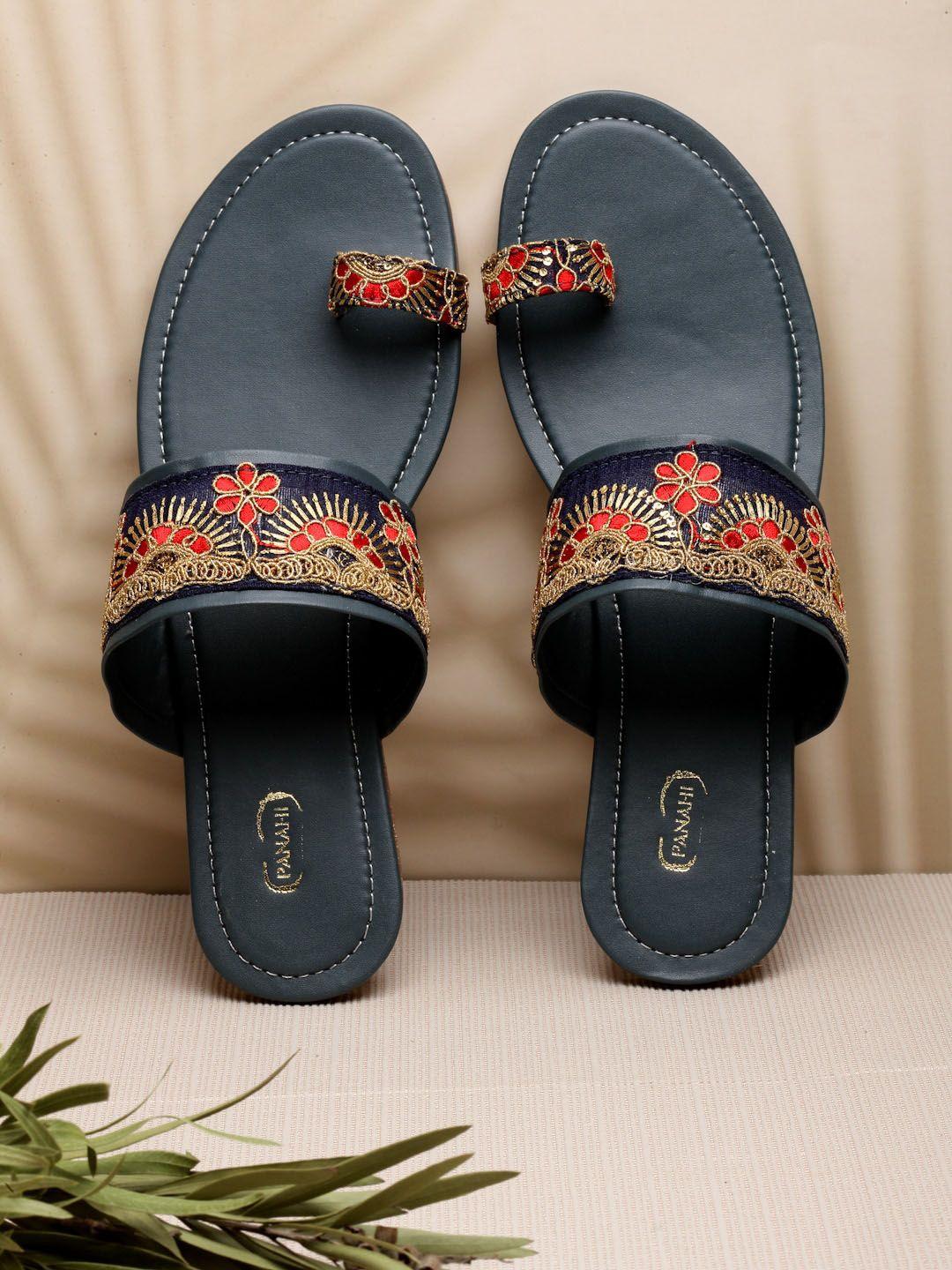 panahi women navy blue embellished ethnic one toe flats