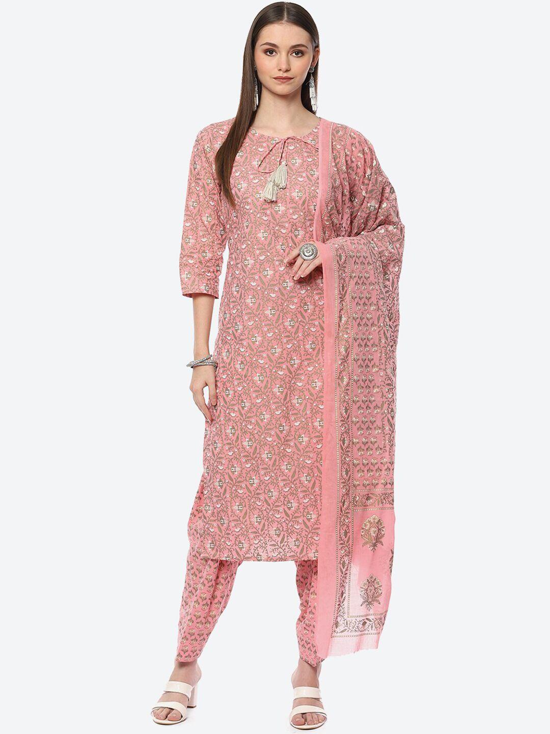 biba pink & off white printed unstitched dress material