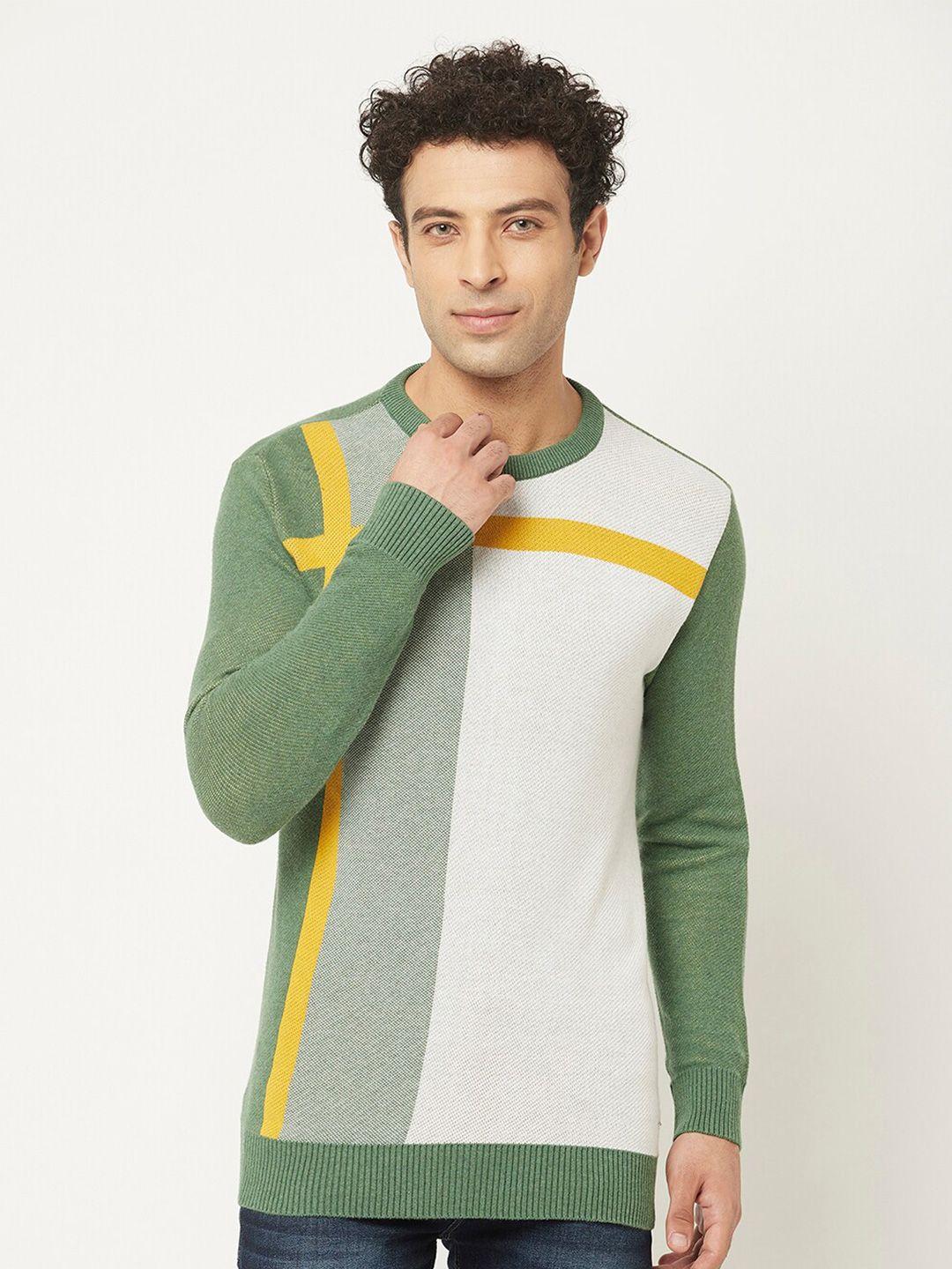 crimsoune club men green & white colourblocked pure cotton pullover