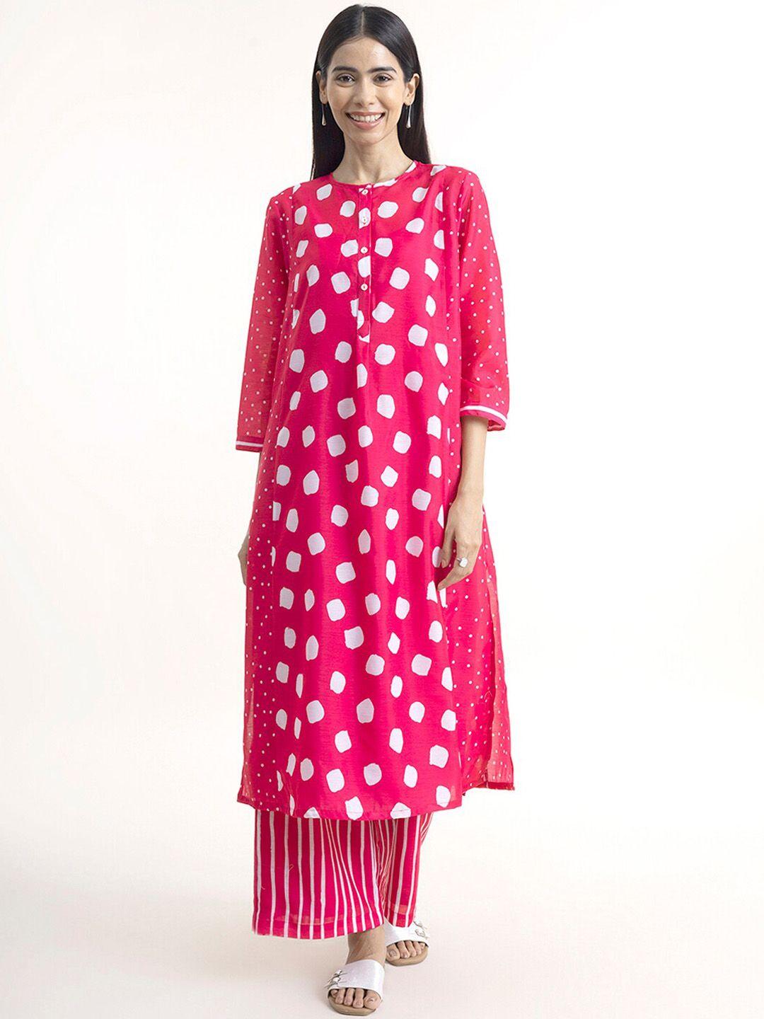 pink fort women pink & white printed kurta with palazzo